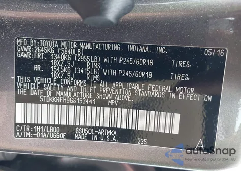 2016 Toyota Highlander Xle z USA, uszkodzony, nr VIN 5TDKKRFH9GS153441